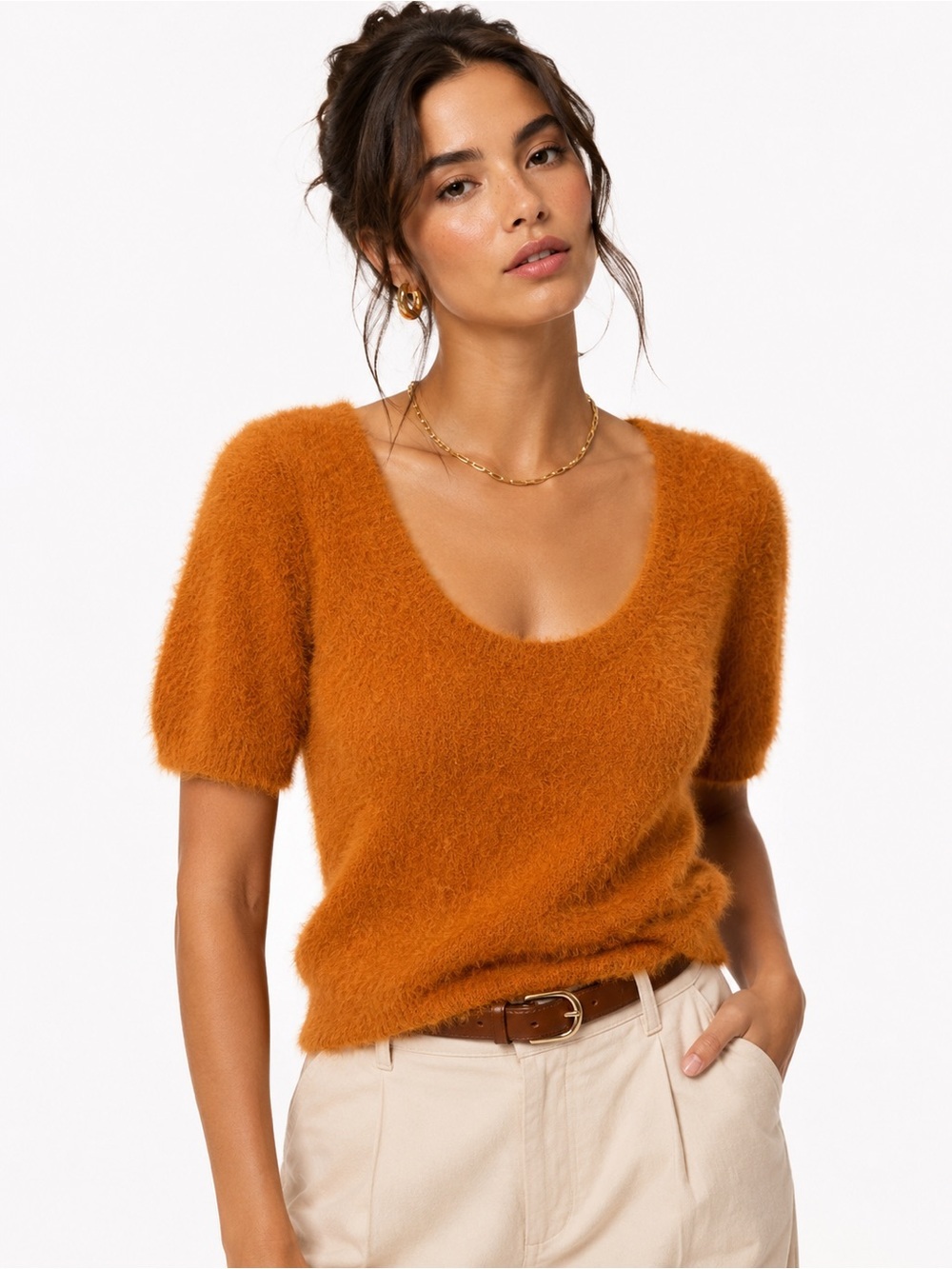Maeve Anthropologie Eyelash Sweater Burnt Orange Fuzzy Knit Top Small